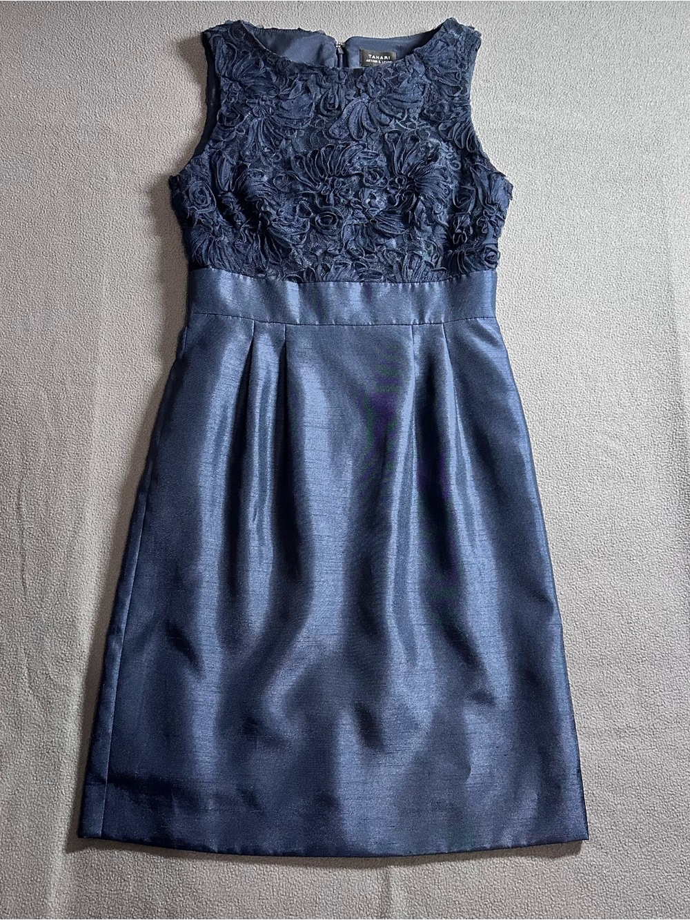 Tahari Navy Sleeveless Floral-Textured Bodice Midi Dress